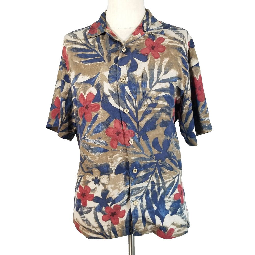 Caribbean‎ Hawaiian shirt men's large brown floral short sleeve silk blend